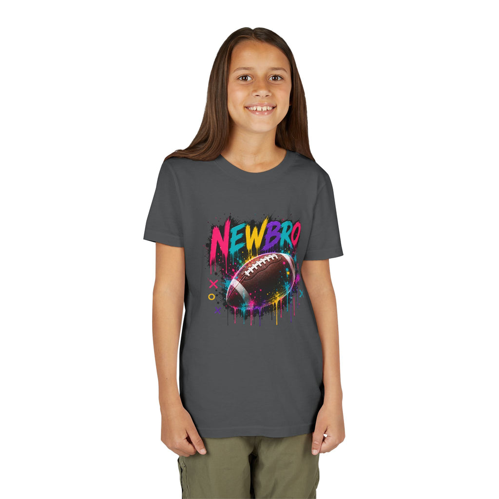 Youth Football Graphic Tee – "NEWBRO" Colorful Grunge Football Design