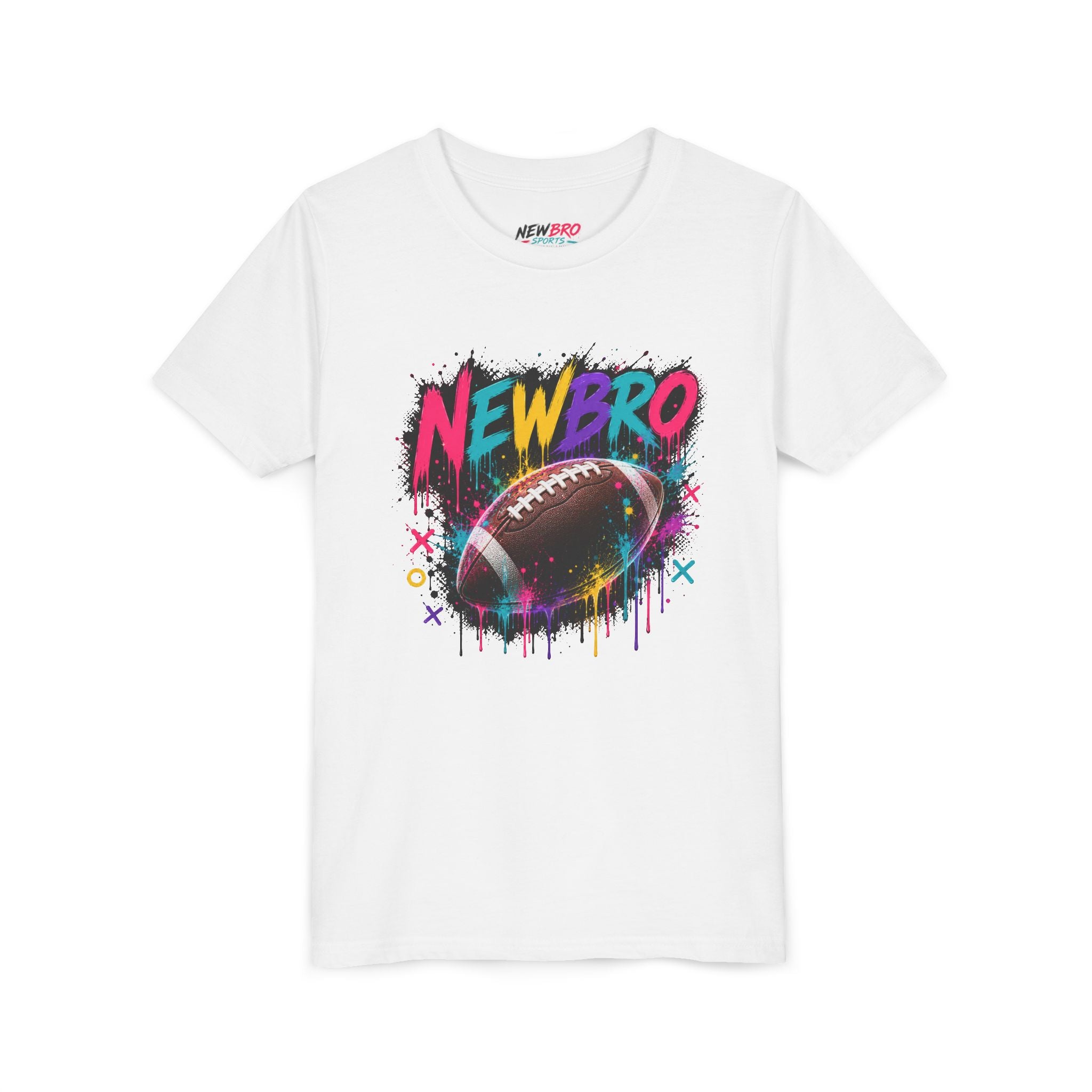 Youth Football Graphic Tee – "NEWBRO" Colorful Grunge Football Design