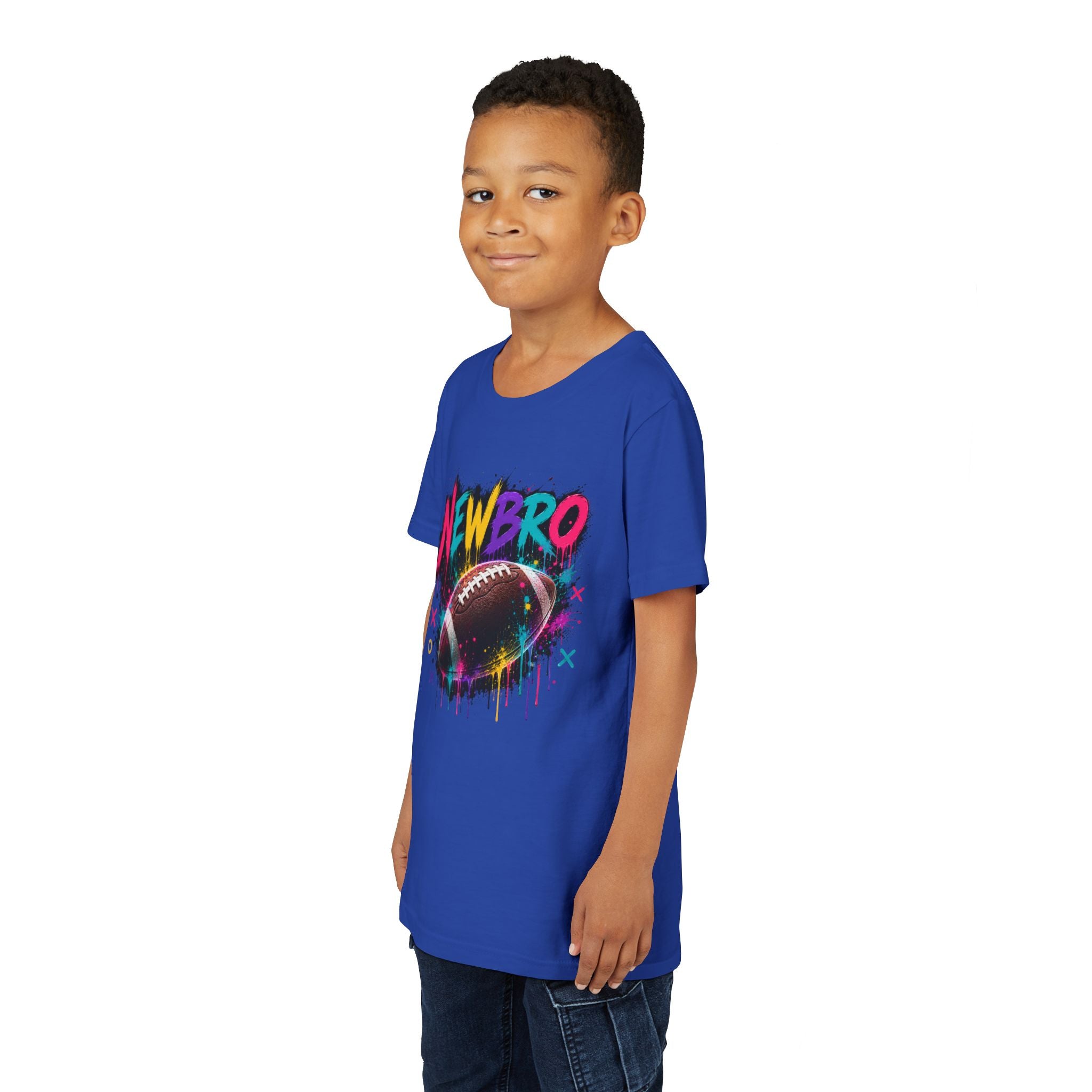 Youth Football Graphic Tee – "NEWBRO" Colorful Grunge Football Design