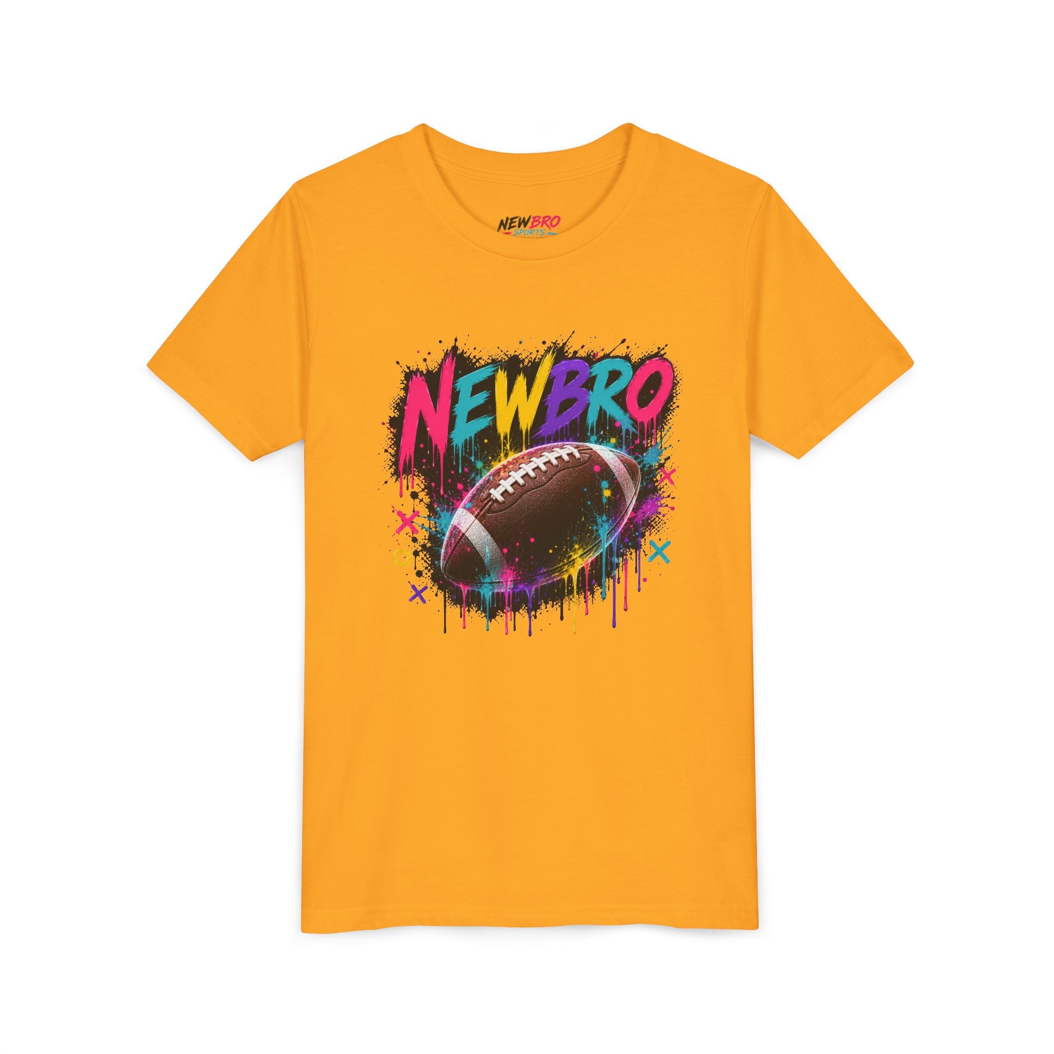 Youth Football Graphic Tee – "NEWBRO" Colorful Grunge Football Design