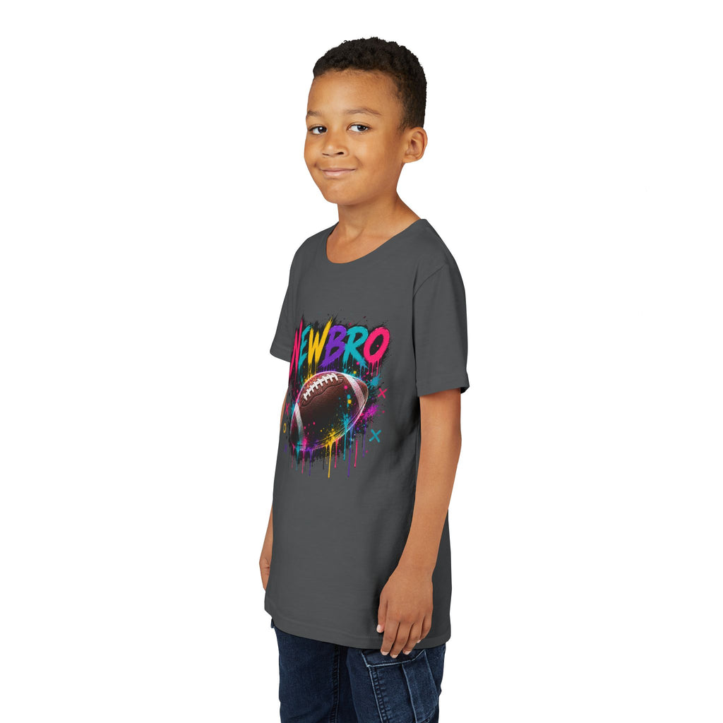 Youth Football Graphic Tee – "NEWBRO" Colorful Grunge Football Design