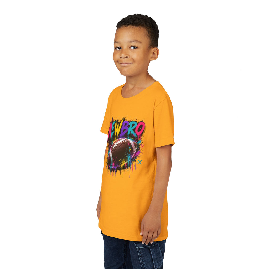 Youth Football Graphic Tee – "NEWBRO" Colorful Grunge Football Design