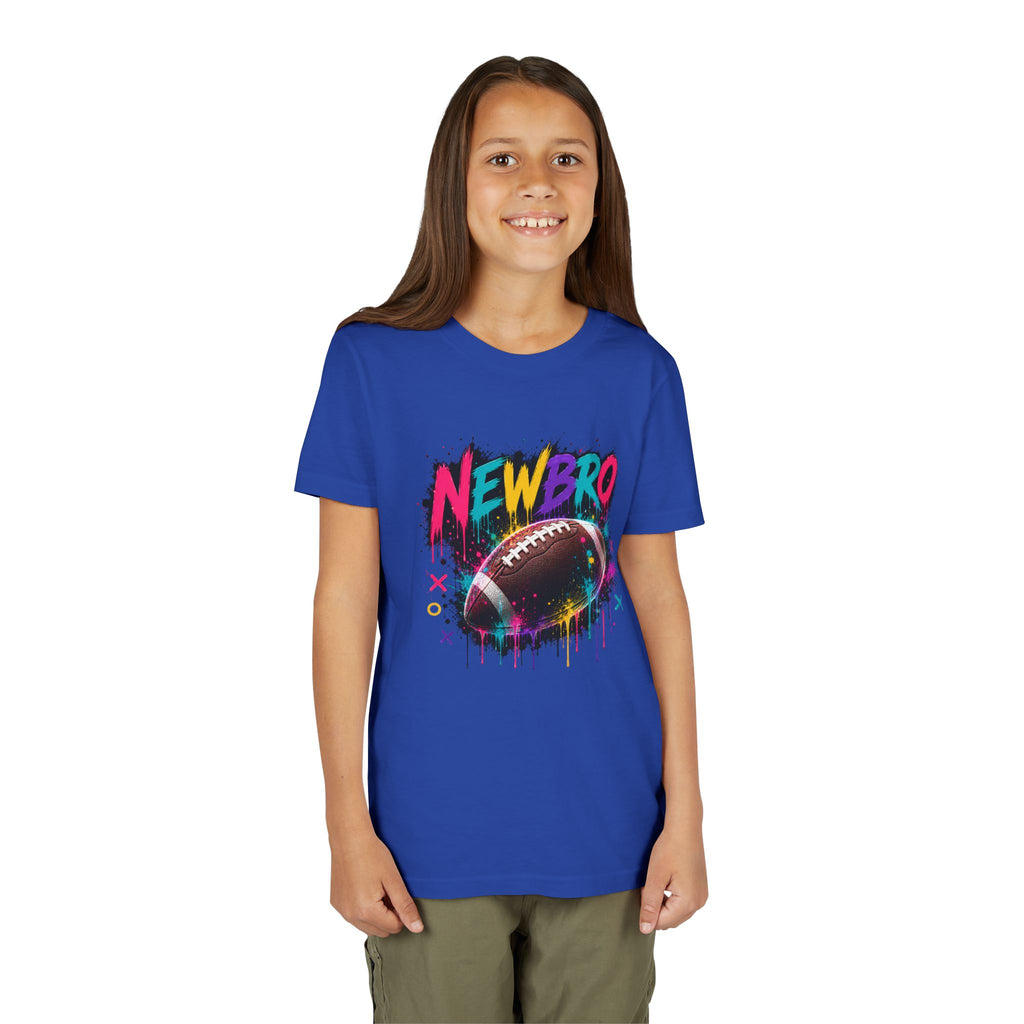 Youth Football Graphic Tee – "NEWBRO" Colorful Grunge Football Design