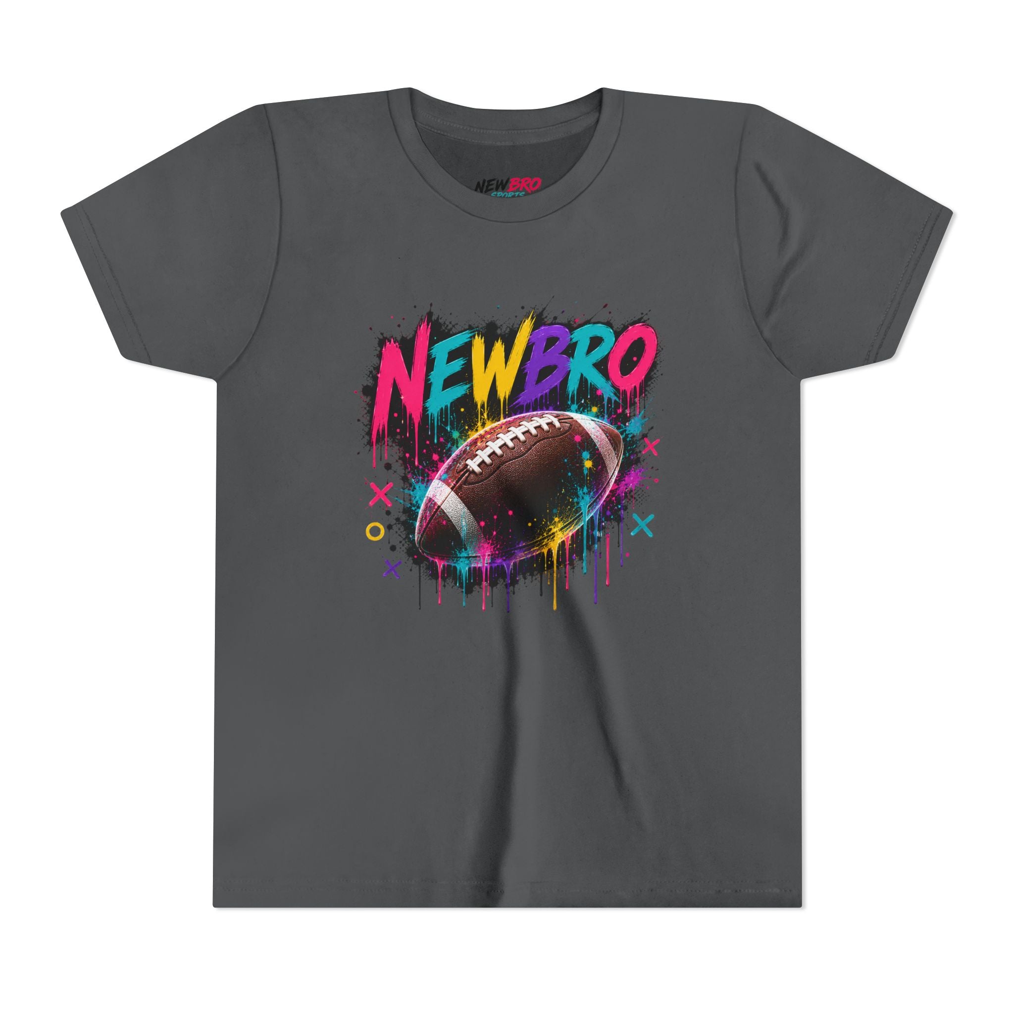 Youth Football Graphic Tee – "NEWBRO" Colorful Grunge Football Design