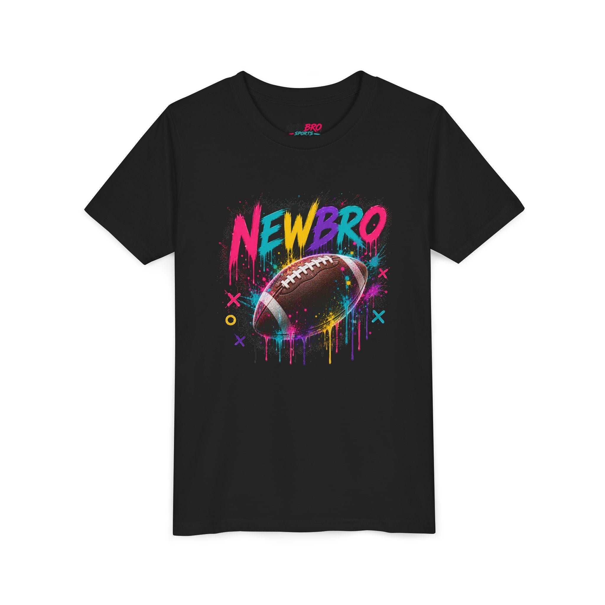 Youth Football Graphic Tee – "NEWBRO" Colorful Grunge Football Design