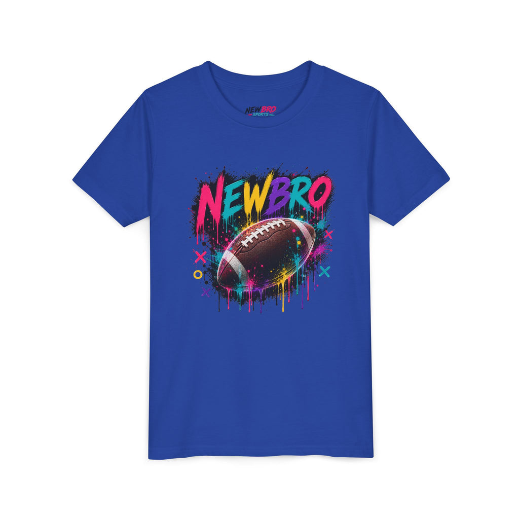 Youth Football Graphic Tee – "NEWBRO" Colorful Grunge Football Design