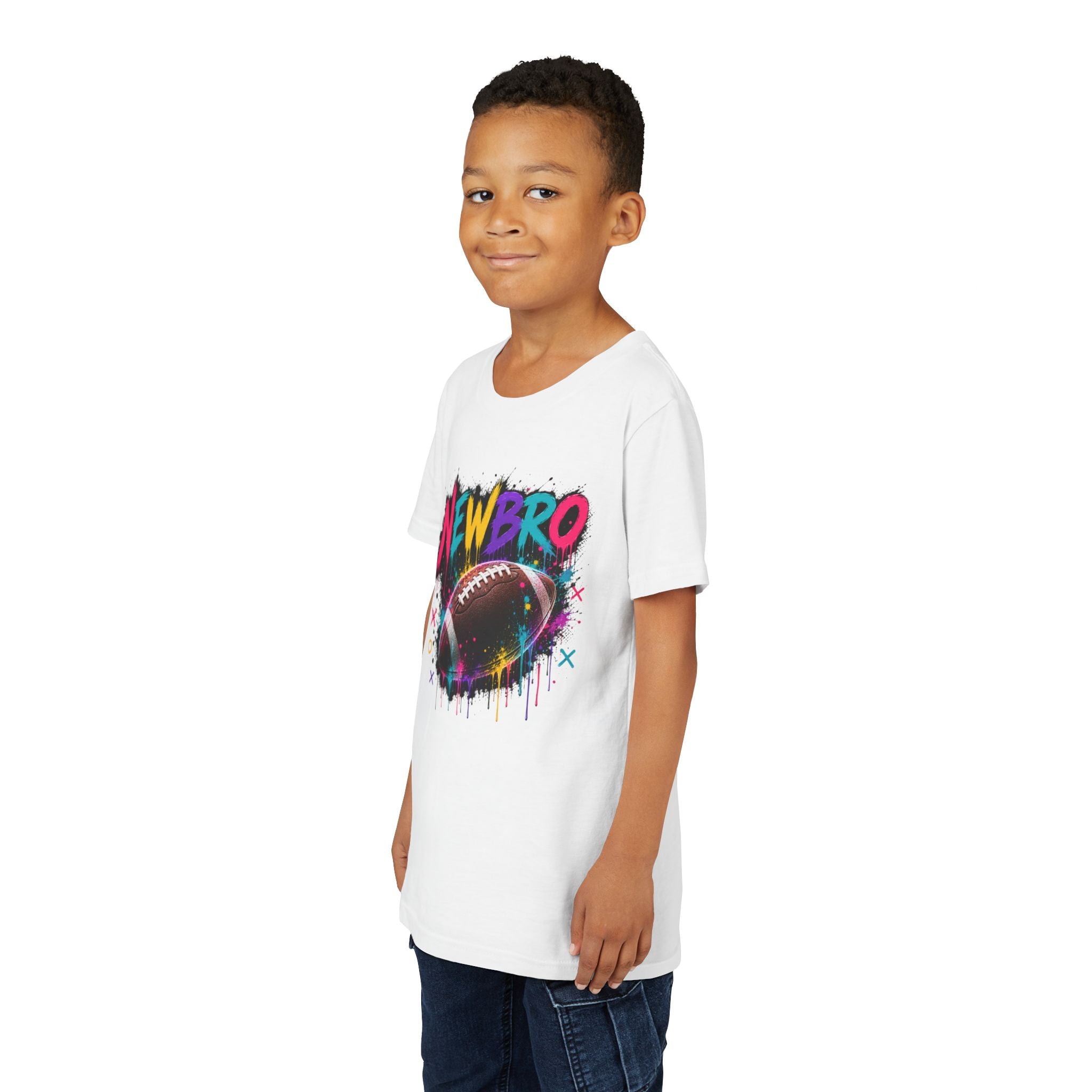 Youth Football Graphic Tee – "NEWBRO" Colorful Grunge Football Design