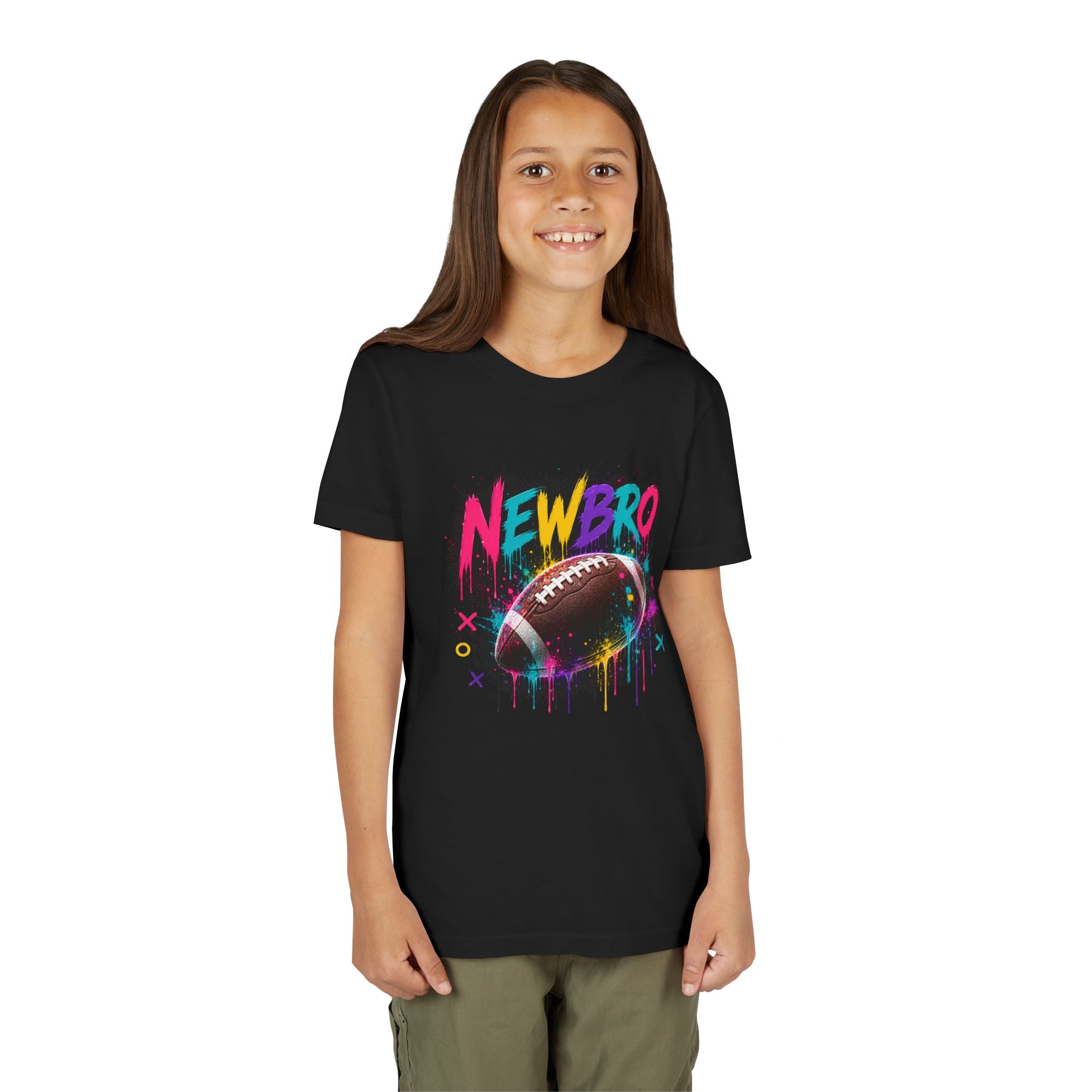 Youth Football Graphic Tee – "NEWBRO" Colorful Grunge Football Design