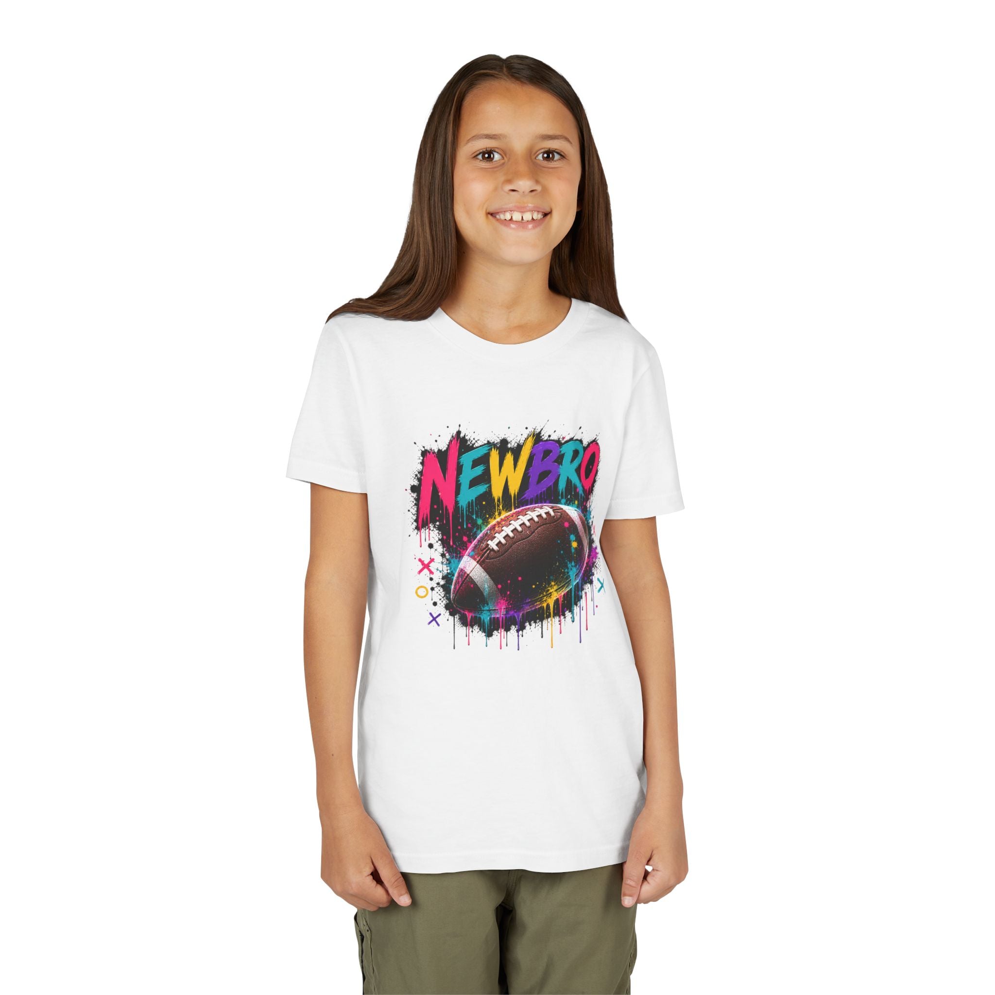 Youth Football Graphic Tee – "NEWBRO" Colorful Grunge Football Design