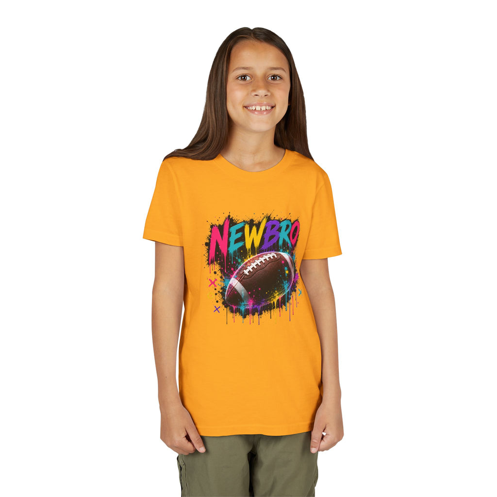 Youth Football Graphic Tee – "NEWBRO" Colorful Grunge Football Design